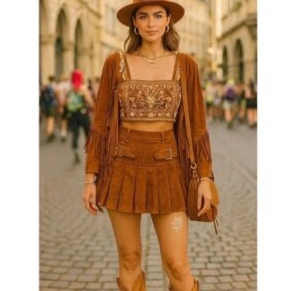 NEW Jacquie the Label Mini Skirt Faux Suede Brown Pleated Buckle Western Cowgirl